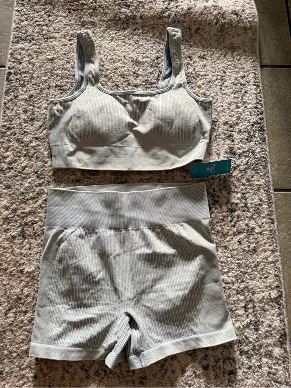 Cupshe Light Gray Seamless Ribbed Sports Bra & High-Waist Shorts Set
